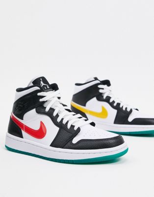 nike air jordan 1 mid trainers in black and white with multicolor swoosh