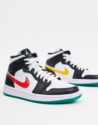 nike air jordan 1 mid trainers in black and white with multicolor swoosh