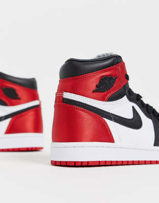 nike air jordan 1 red and black satin trainers