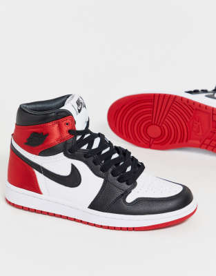 nike air jordan 1 red and black satin trainers