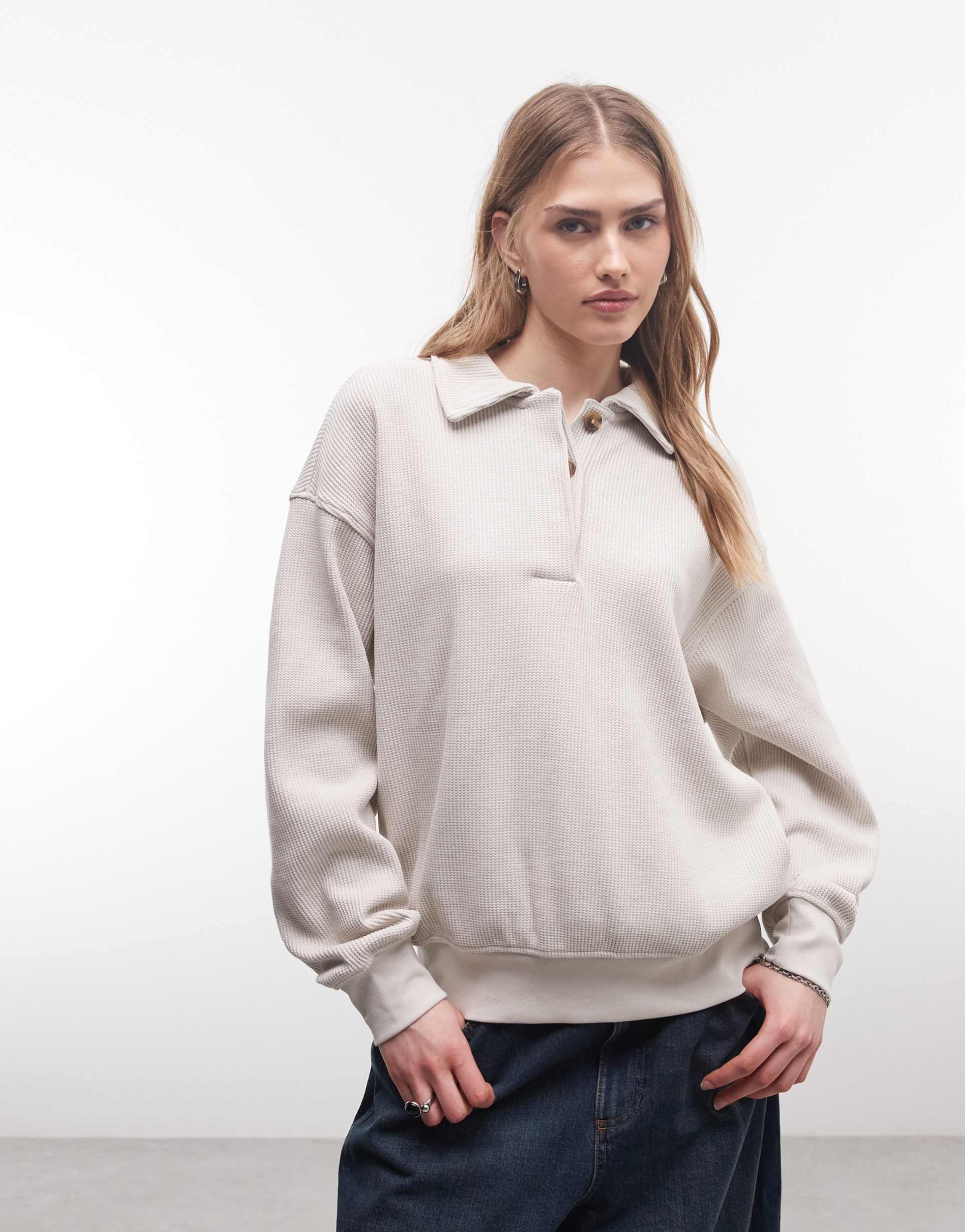 nike air jordan flight long sleeve waffle knit top in beige