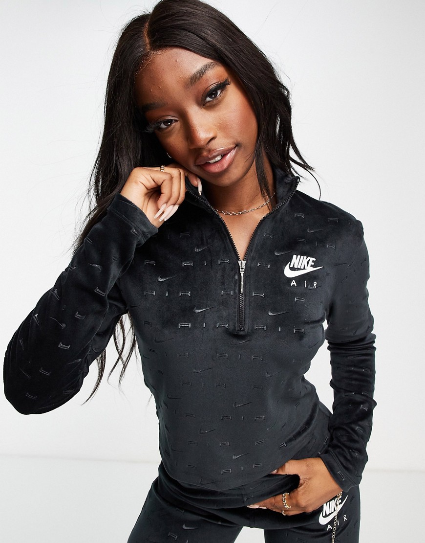 Nike Air long sleeve velour top in black with all over swoosh