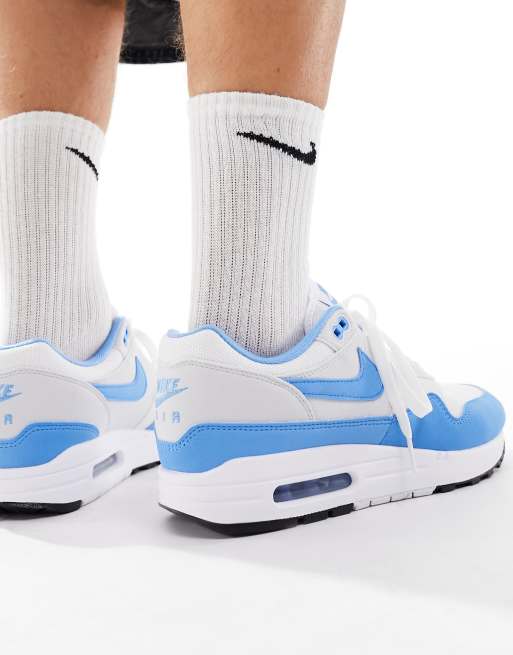 Nike Air Max 1 trainers in white and blue