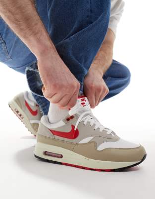 Nike Air Max 1 trainers in white, grey and red - view 1