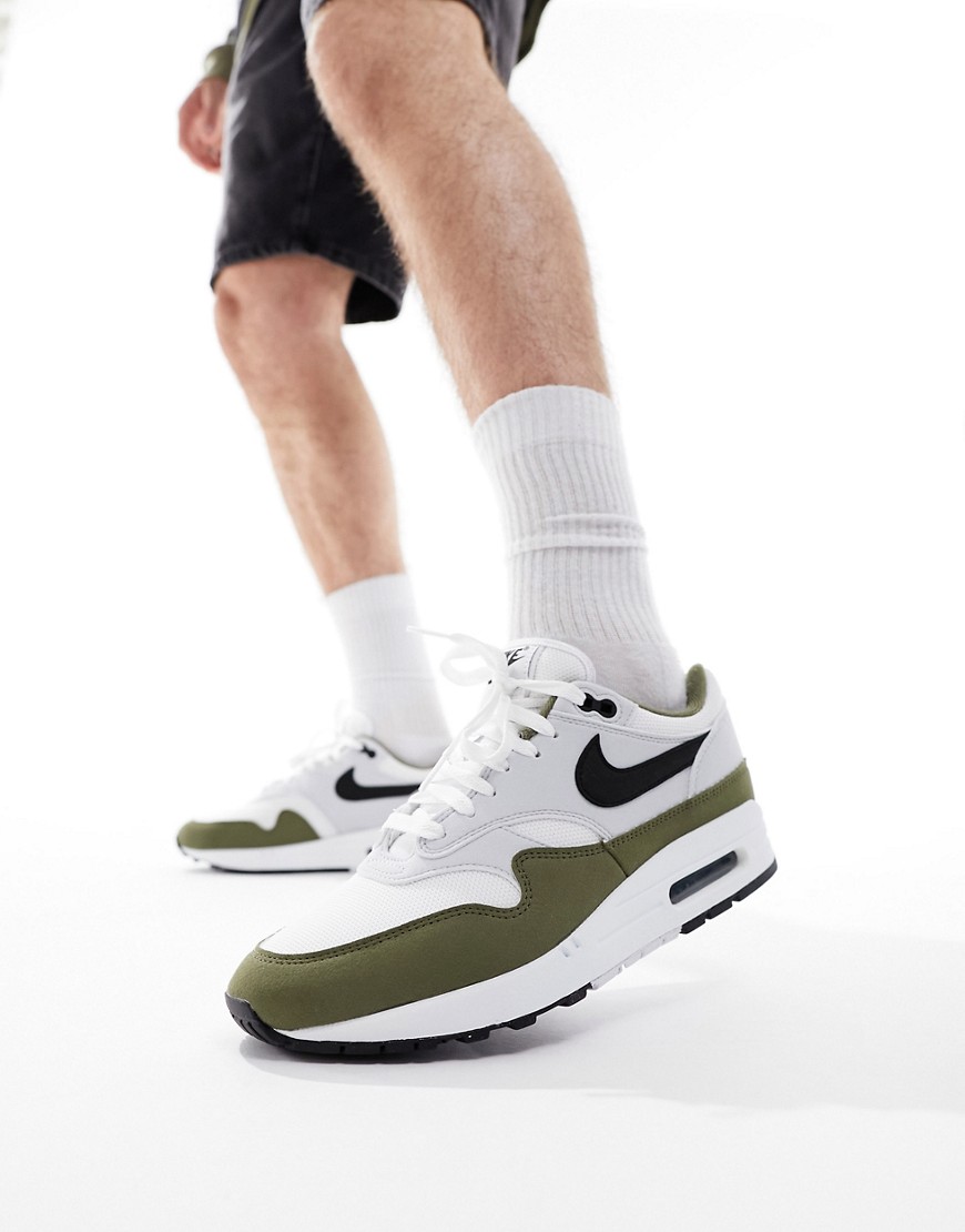 Nike Air Max 1 trainers in white, olive and black