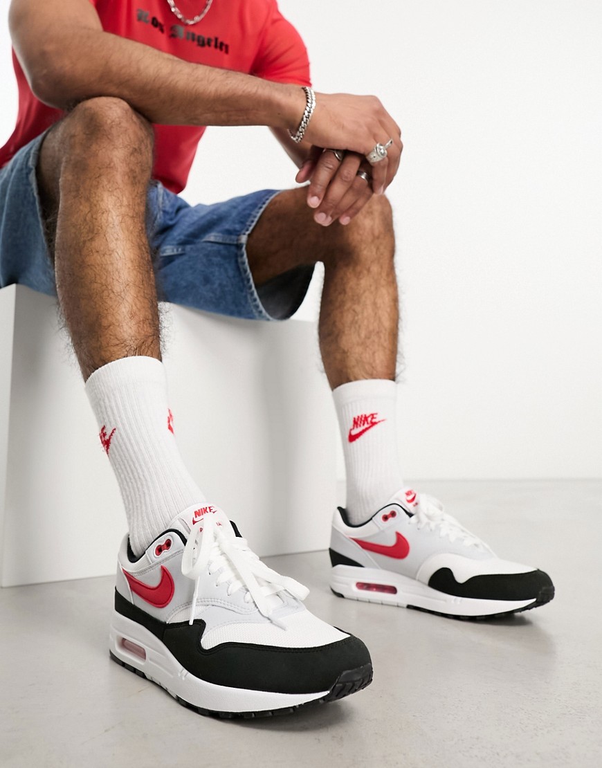 Nike Air Max 1 trainers in white, red and black