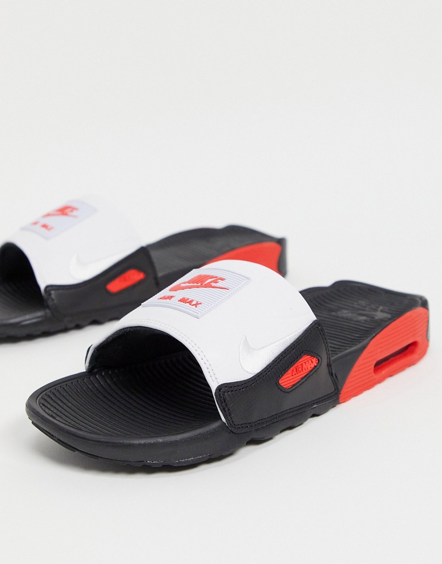 Nike Air Max 90 sliders in black with red & white