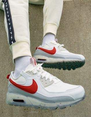 white nike air max with red tick