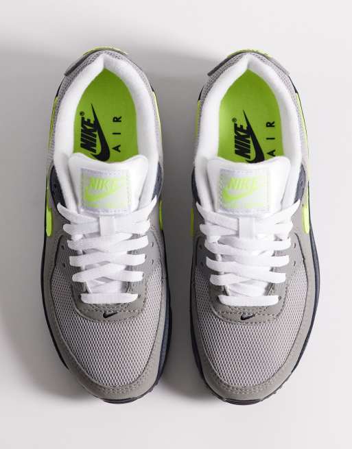 Nike Air Max 90 trainers in grey and neon yellow, 3 of 5