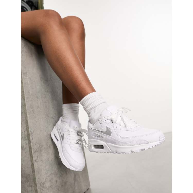 Nike Air Max 90 trainers in white and silver jewellery