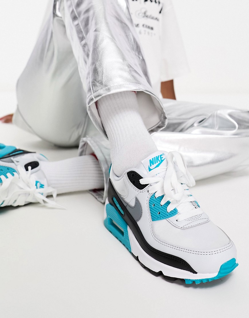 Nike Air Max 90 trainers in white and teal