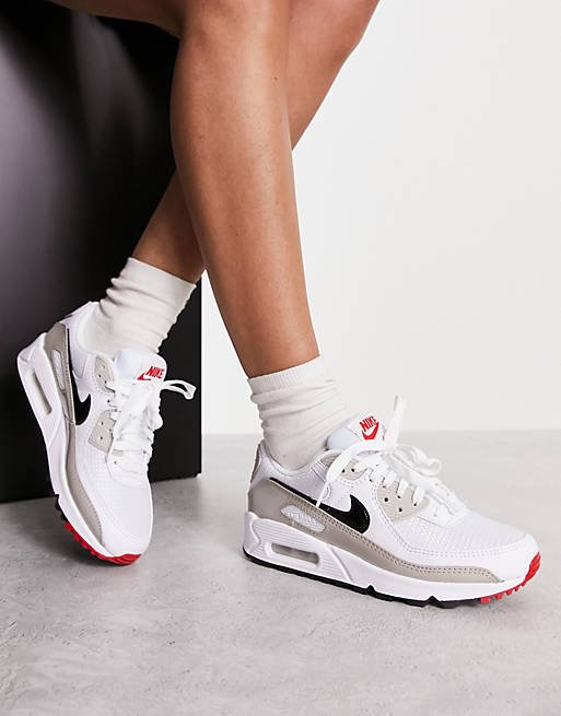 Nike Air Max 90 Trainers In White, Grey And Red | Asos