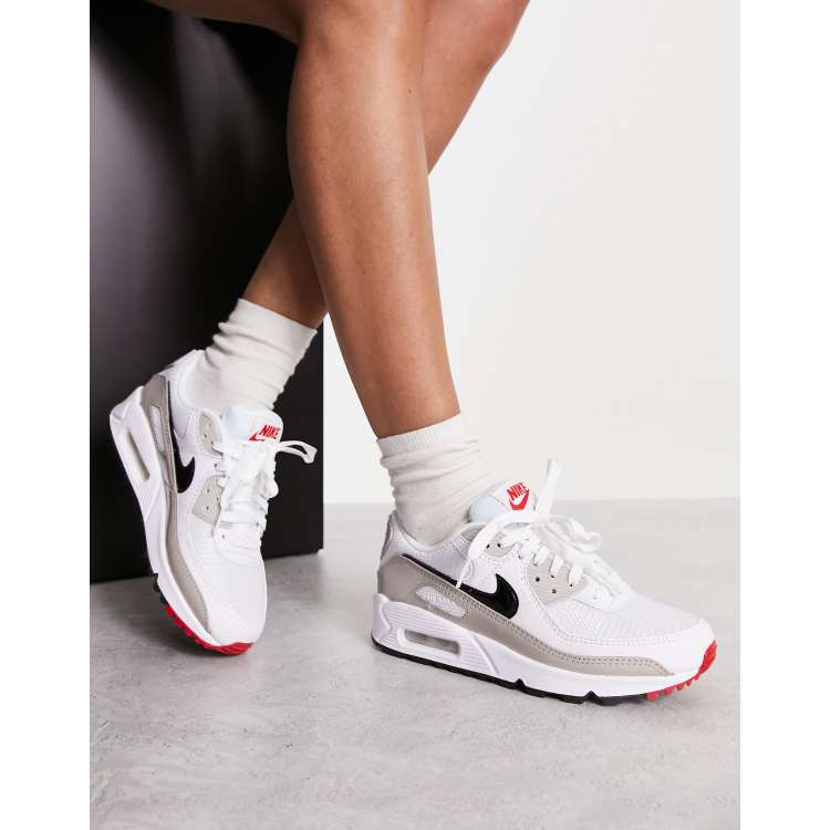 Nike Air Max 90 trainers in white grey and red