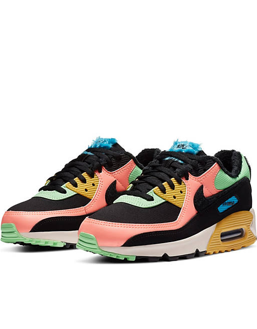 Nike Air Max 90 trainers with faux fur in black and fluro