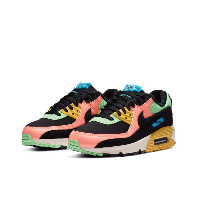 Nike Air Max 90 trainers with faux fur in black and fluro