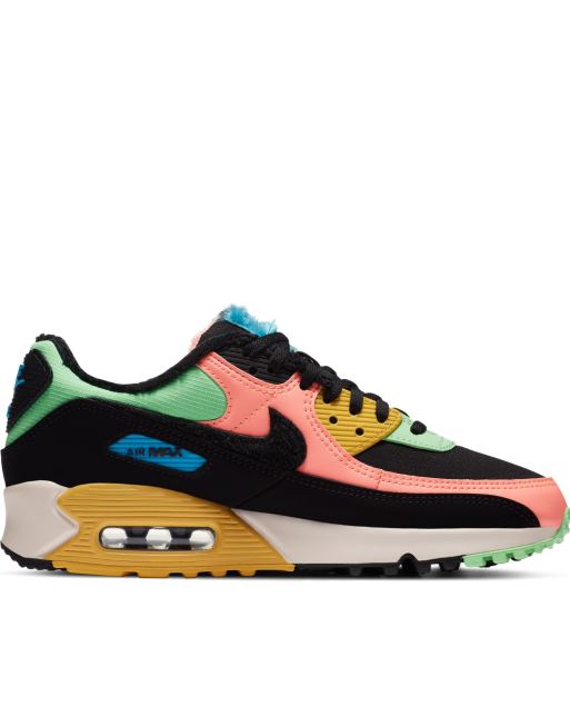 Nike Air Max 90 trainers with faux fur in black and fluro ASOS