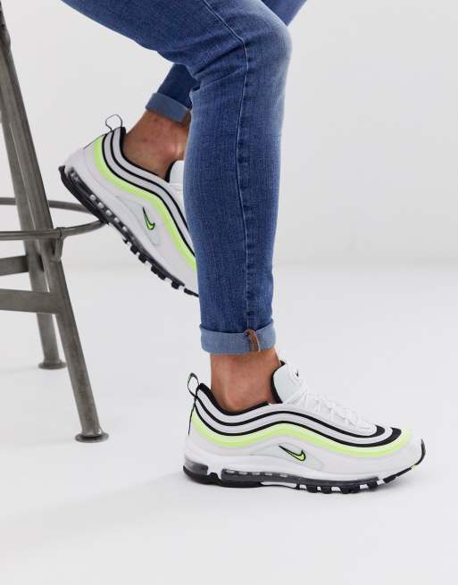 Air max 97 trainers in white with black on sale and neon stripe