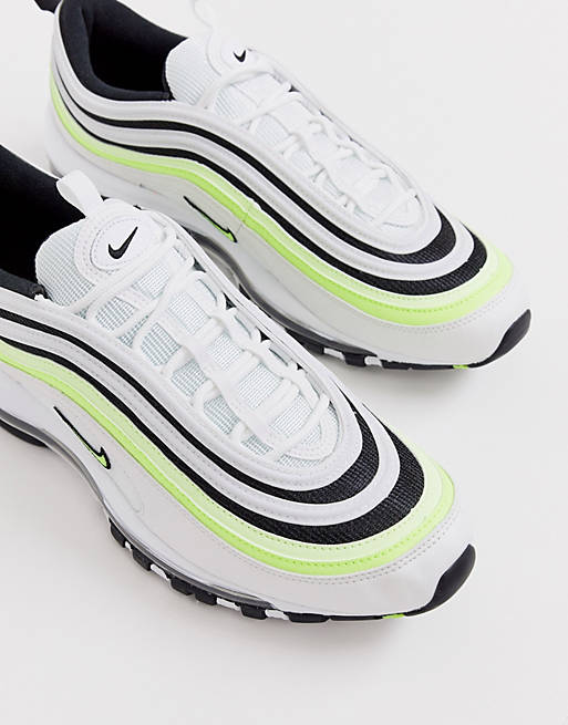 Nike Air Max 97 trainers in white with black and neon stripe