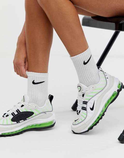 Nike Air Max 98 trainers in white and neon green