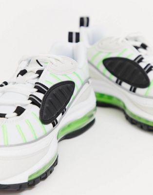 nike air max 98 trainers in white and neon green