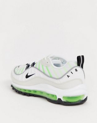 nike air max 98 trainers in white and neon green