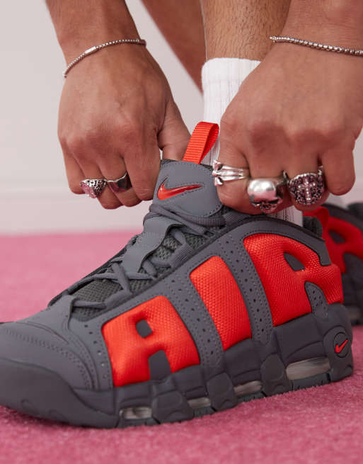 Nike Air More Uptempo Low sneakers in gray and red ASOS