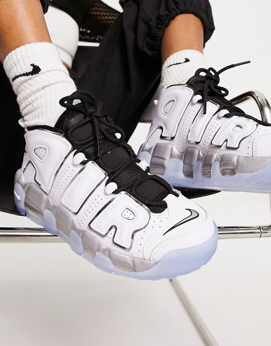 Nike Air More Uptempo trainers in white and metallic silver