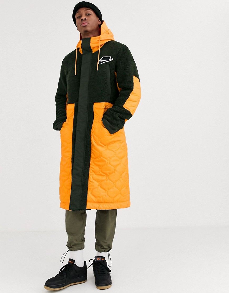 Nike Air quilted fleece parka jacket in orange/khaki