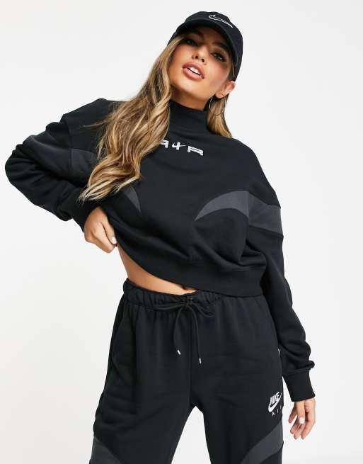 Nike – Air – Svart kort sweatshirt i fleece med ståkrage
