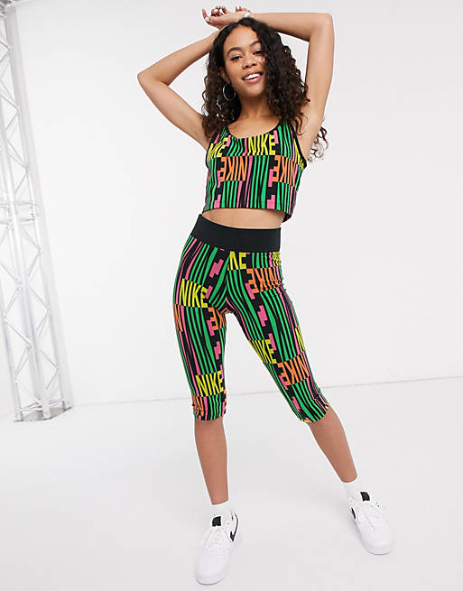 Nike All Over logo cropped pink and green capri leggings