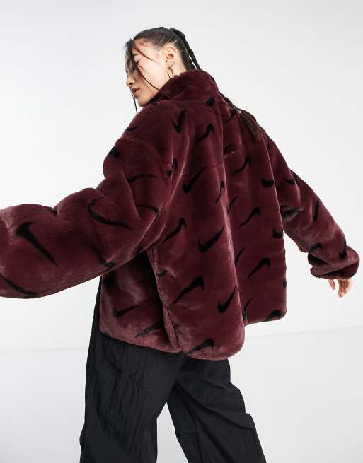 Nike all over swoosh faux fur jacket in burgundy crush and black, 4 of 4