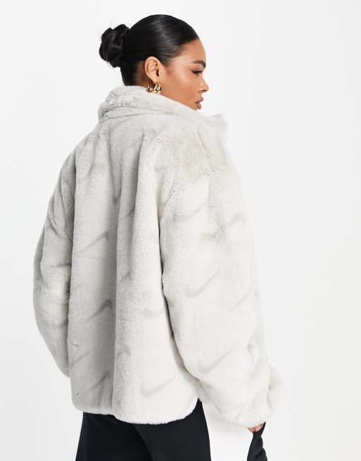Nike all over swoosh faux fur jacket in light bone and grey, 2 of 4
