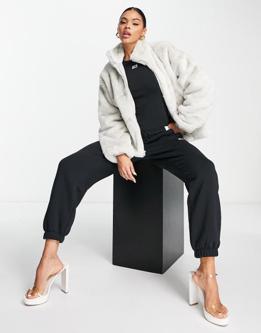 Nike all over swoosh faux fur jacket in light bone and grey, 4 of 4