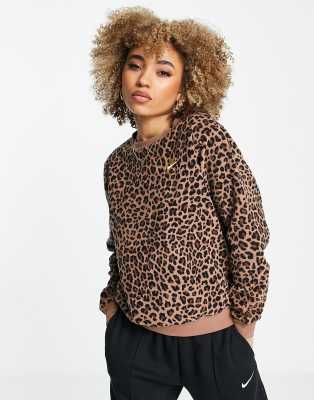 Nike animal print crew neck fleece sweatshirt in brown