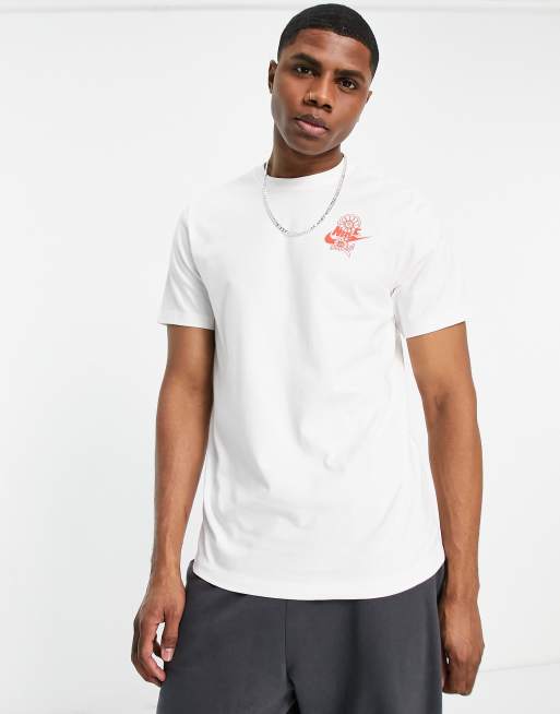 White nike shirt hot sale with red logo