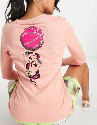 Nike Basketball Dri-fit Swoosh Fly Graphic Back Print Logo Long Sleeve Top In Black-pink