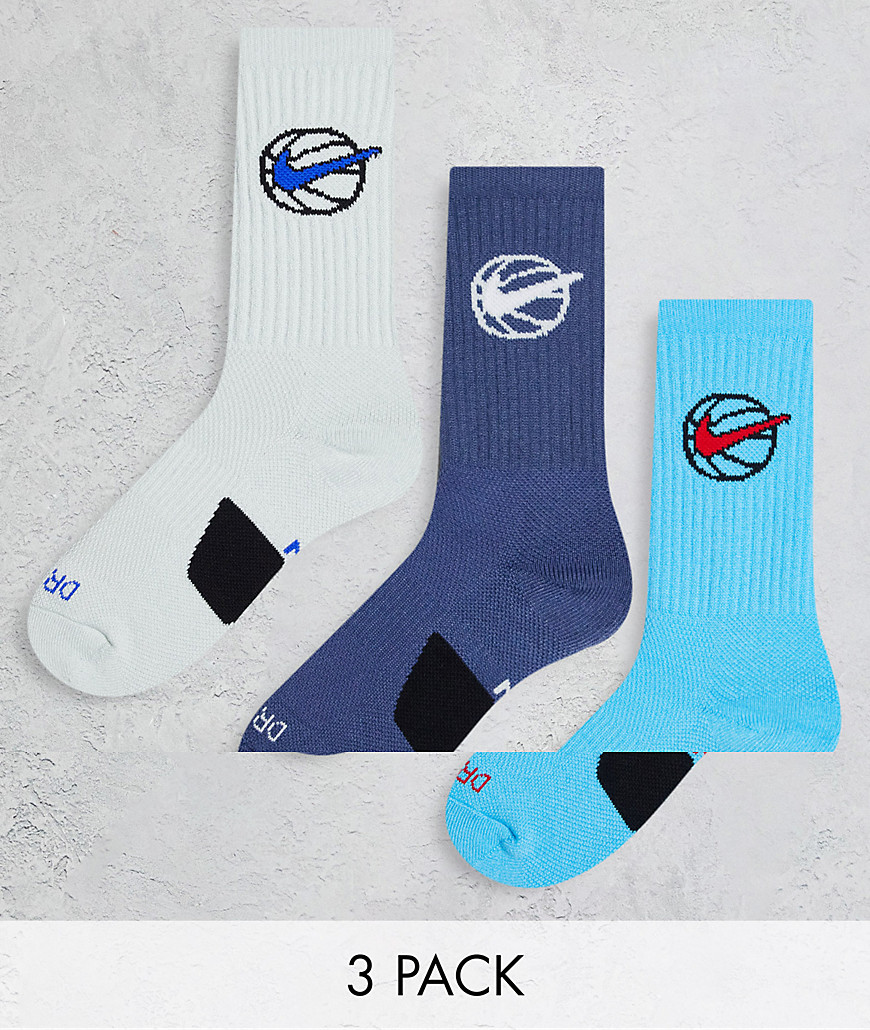 Nike Basketball Everyday 3 pack crew socks in blue