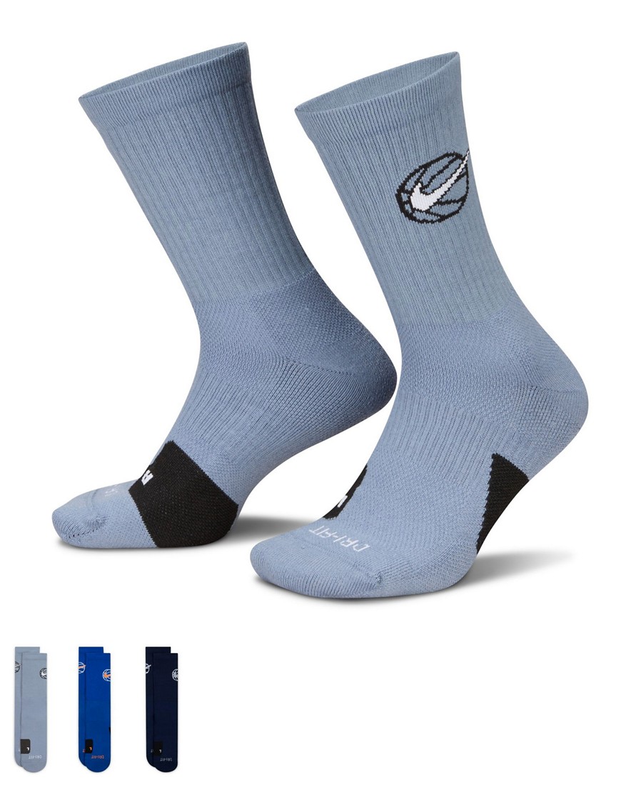 Nike Basketball Everyday 3 pack crew socks in grey, blue & dark grey-Multi