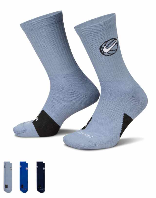 Nike Football - Nike Basketball Everyday 3 pack crew socks in grey, blue & dark grey