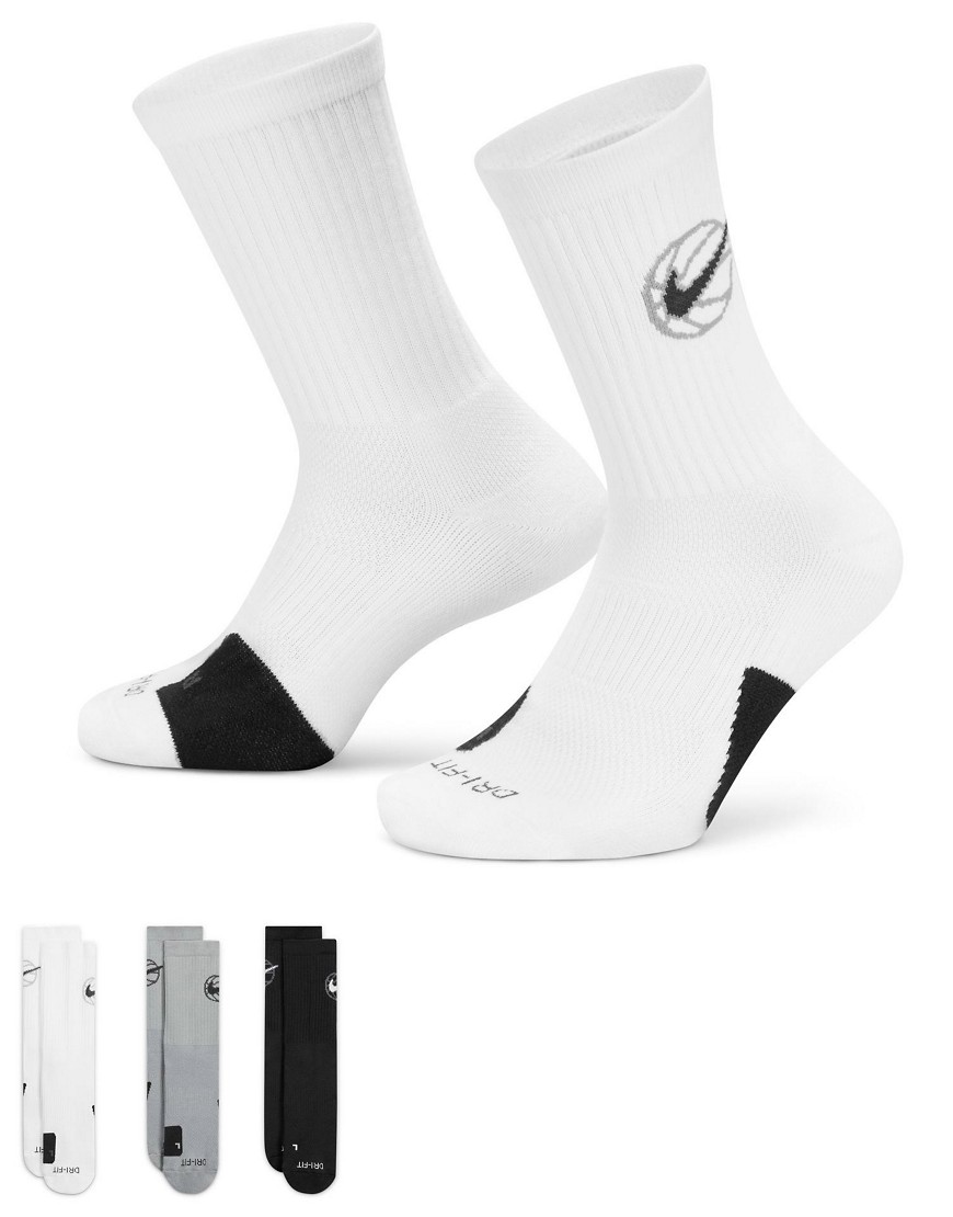 Nike Basketball Everyday 3 pack crew socks in white, black & grey-Multi