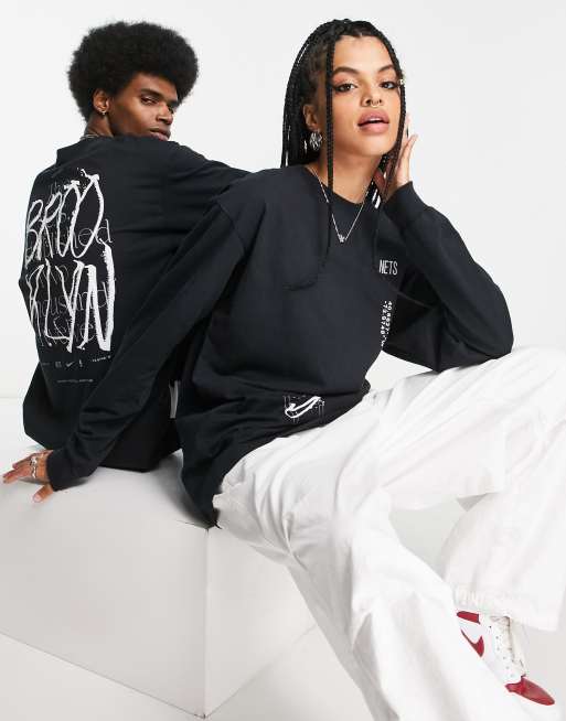 Nike Basketball - NBA Brooklyn Nets - Maglietta a maniche lunghe nera con logo sul retro