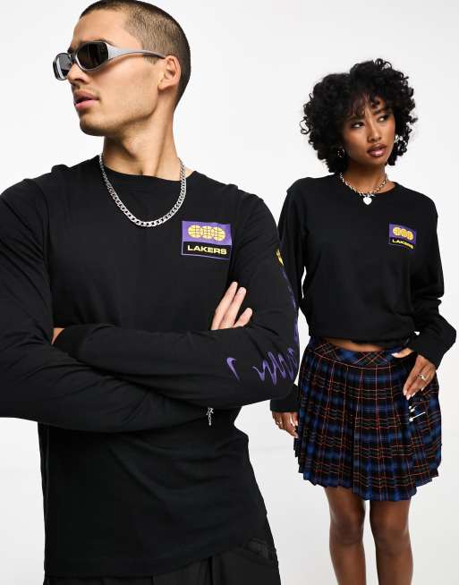 Nike Basketball NBA LA Lakers Langarmliges Unisex Shirt in Schwarz mit Swoosh Records Grafikprint auf dem Rucken ASOS