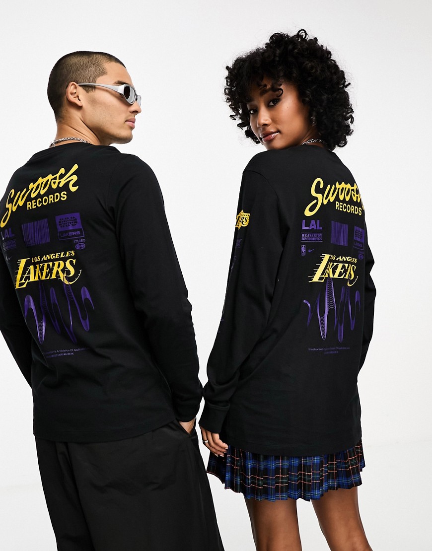 Nike Basketball NBA LA Lakers unisex swoosh records back print graphic long sleeve t-shirt in black