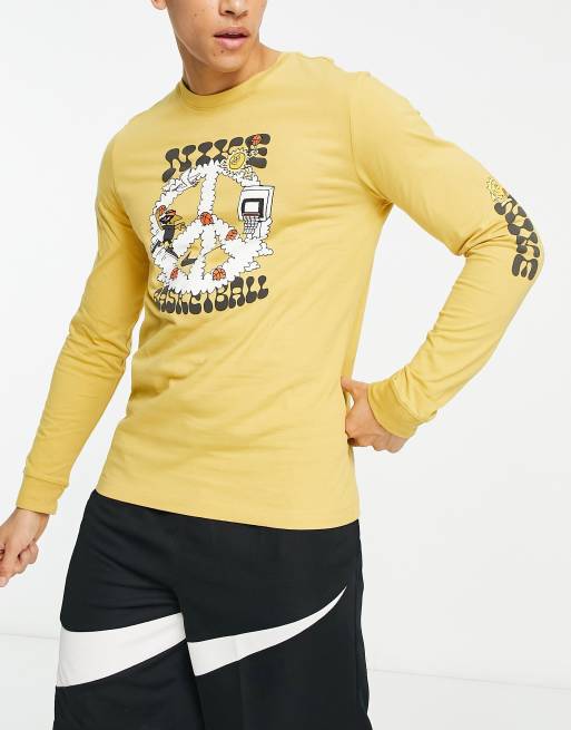 Nike Basketball T shirt color oro a maniche lunghe con stampa del logo con simbolo della pace ASOS