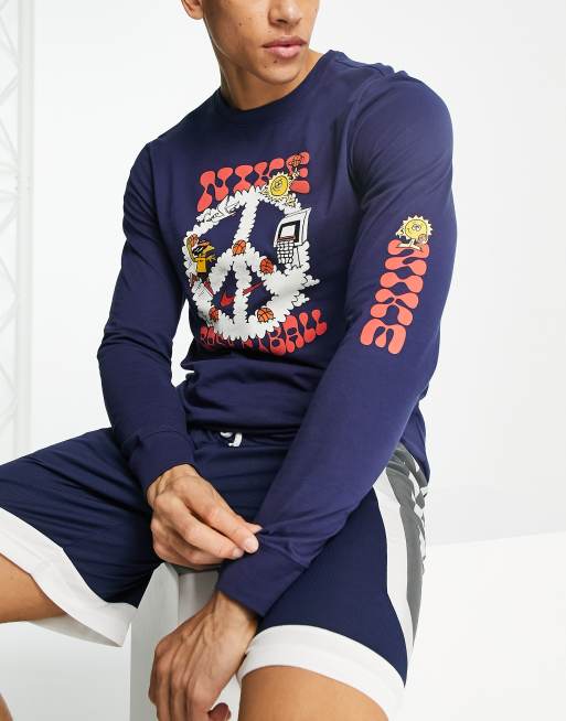 Nike Basketball - T-shirt met print van vredesteken, logo en lange mouwen in marineblauw