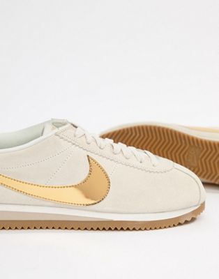 nike beige with gold swoosh suede cortez se trainers