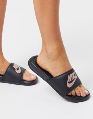 black and rose gold nike sandals