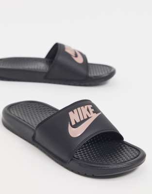 nike black and rose gold sliders