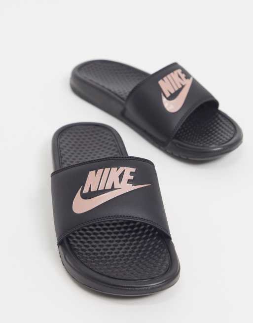 Nike black best sale and gold sliders