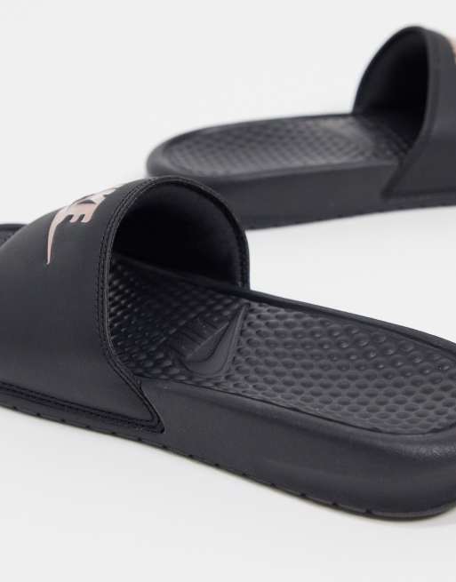 Nike benassi black best sale and rose gold sliders